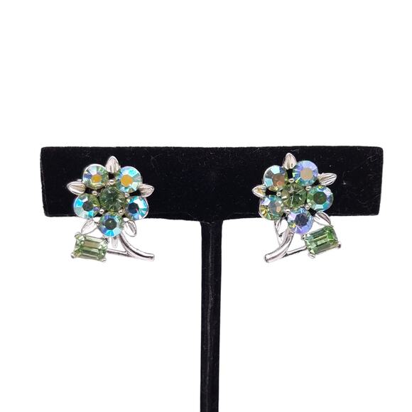 Lisner Earrings Screw Back Silver Tone Blue Flower Rhinestones Green Baguette - Picture 1 of 7